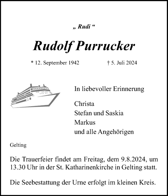 Traueranzeige von Rudolf Purrucker von Flensburger Tageblatt