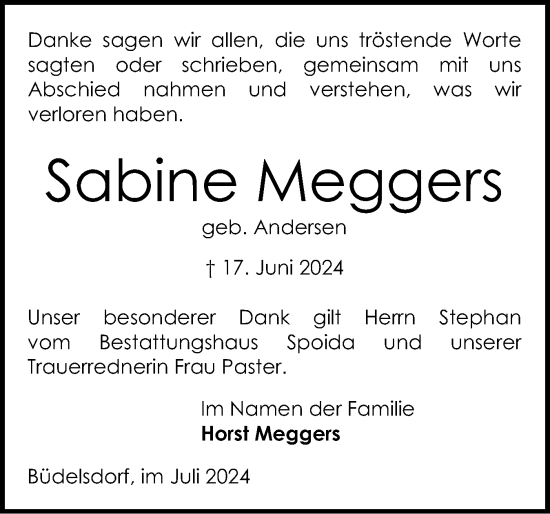 Traueranzeige von Sabine Meggers von Schleswig-Holsteinische Landeszeitung