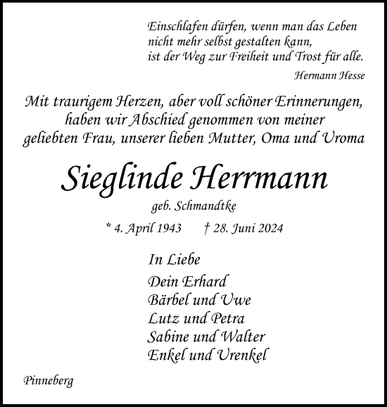 Traueranzeige von Sieglinde Herrmann von Region Pinneberg und tip Pinneberg