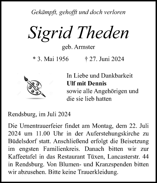 Traueranzeige von Sigrid Theden von Schleswig-Holsteinische Landeszeitung