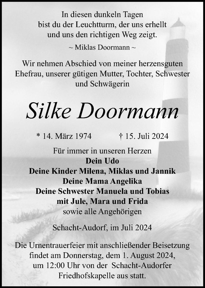  Traueranzeige für Silke Doormann vom 27.07.2024 aus Schleswig-Holsteinische Landeszeitung