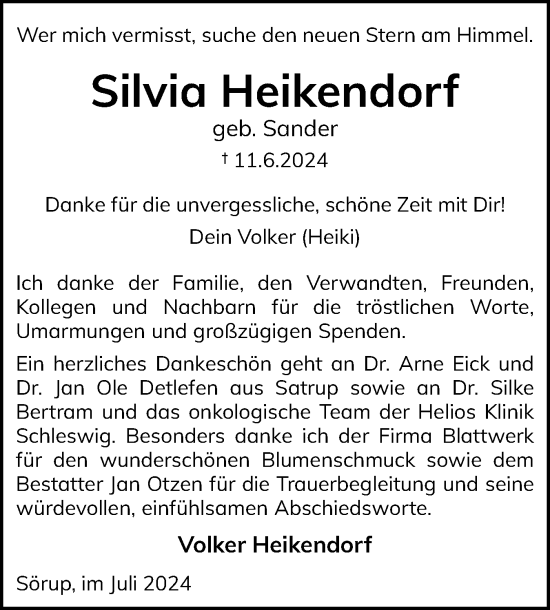 Traueranzeige von Silvia Heikendorf von Flensburger Tageblatt, Schleswiger Nachrichten, Schlei-Bote