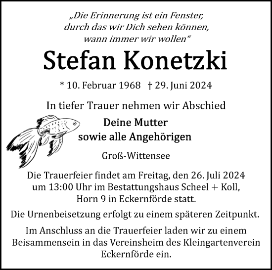 Traueranzeige von Stefan Konetzki von Eckernförder Zeitung, Hallo Eckernförde