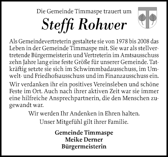 Traueranzeige von Steffi Rohwer von Schleswig-Holsteinische Landeszeitung