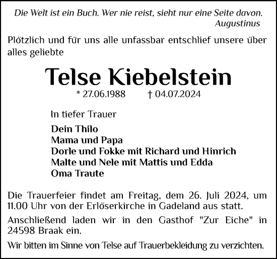 Traueranzeige von Telse Kiebelstein von Holsteinischer Courier