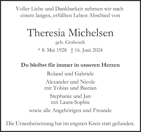 Traueranzeige von Theresia Michelsen von Region Pinneberg und tip Pinneberg