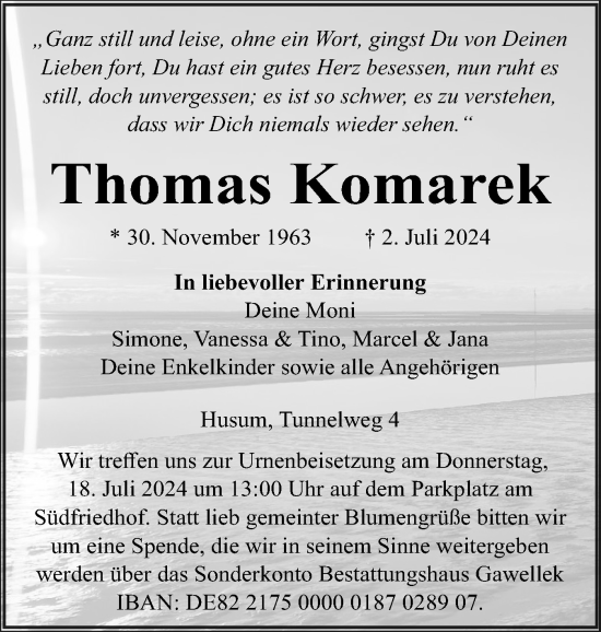 Traueranzeige von Thomas Komarek von Husumer Nachrichten, Nordfriesland Tageblatt