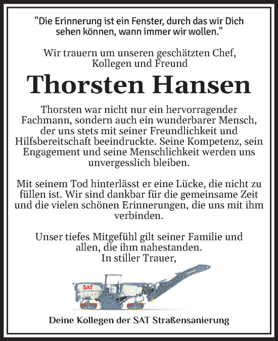 Traueranzeige von Thorsten Hansen von Region Flensburg
