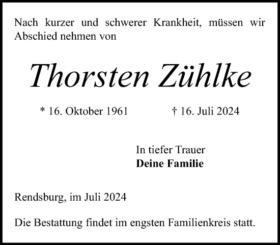 Traueranzeige von Thorsten Zühlke von Schleswig-Holsteinische Landeszeitung