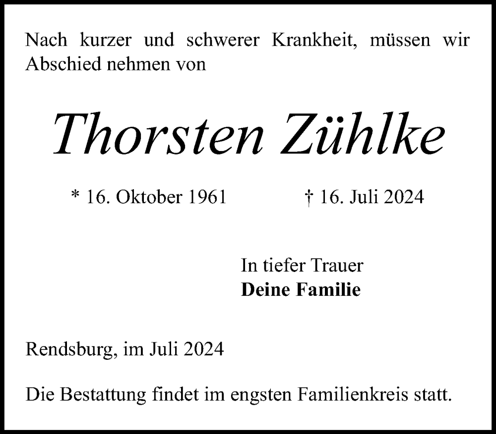  Traueranzeige für Thorsten Zühlke vom 20.07.2024 aus Schleswig-Holsteinische Landeszeitung