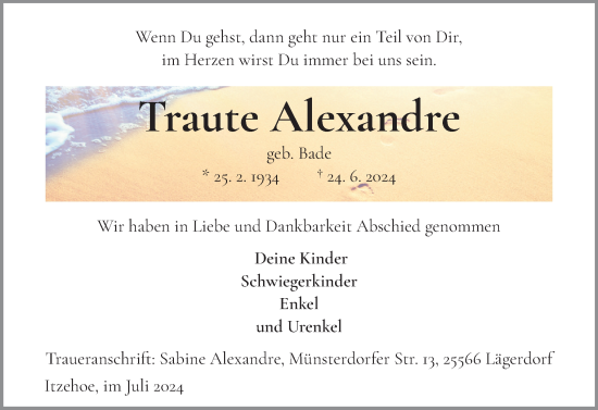 Traueranzeige von Traute Alexandre von Norddeutsche Rundschau, Wilstersche Zeitung, Glückstädter Fortuna