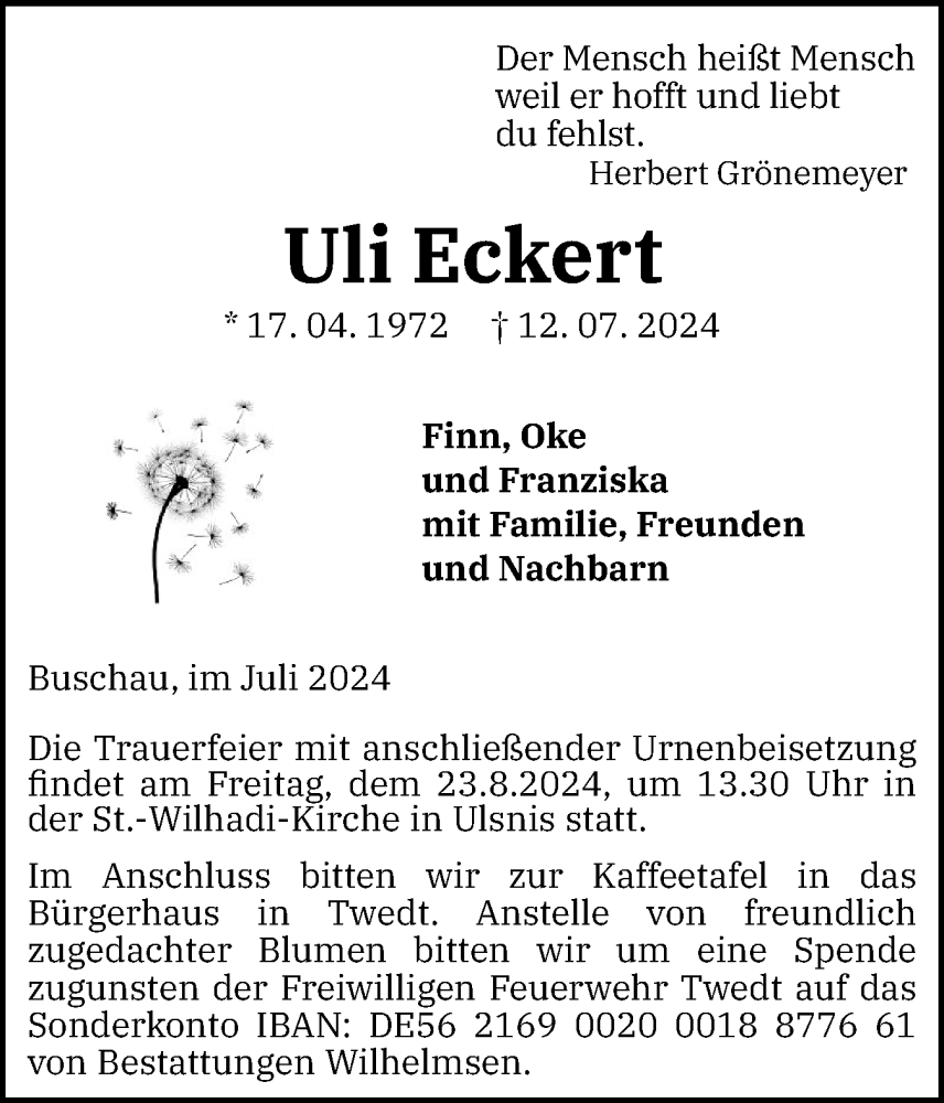  Traueranzeige für Uli Eckert vom 27.07.2024 aus Schleswiger Nachrichten, Schlei-Bote