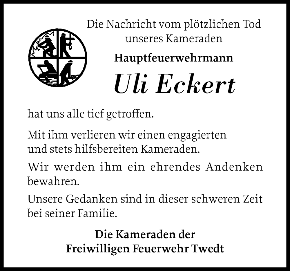  Traueranzeige für Uli Eckert vom 27.07.2024 aus Schleswiger Nachrichten, Schlei-Bote