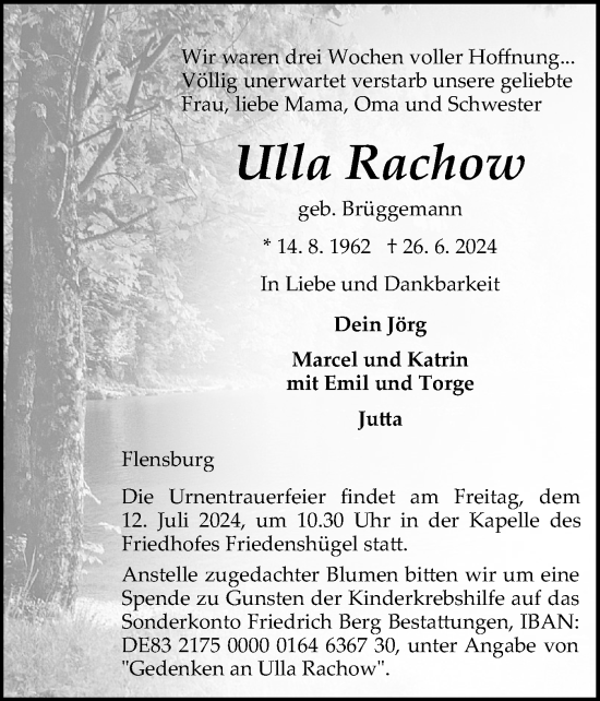 Traueranzeige von Ulla Rachow von Flensburger Tageblatt