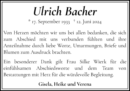 Traueranzeige von Ulrich Bacher von Flensburger Tageblatt