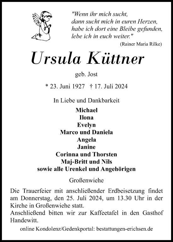 Traueranzeige von Ursula Küttner von Flensburger Tageblatt