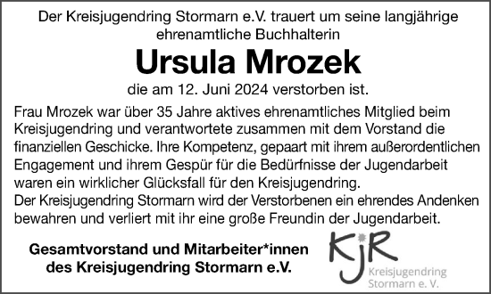 Traueranzeige von Ursula Mrozek von Stormaner Tageblatt