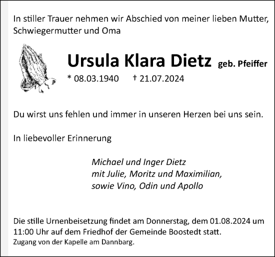 Traueranzeige von Ursula Klara Dietz von Holsteinischer Courier