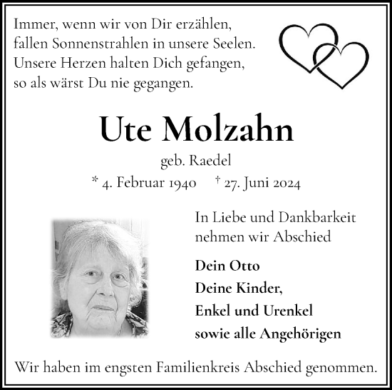 Traueranzeige von Ute Molzahn von Flensburger Tageblatt