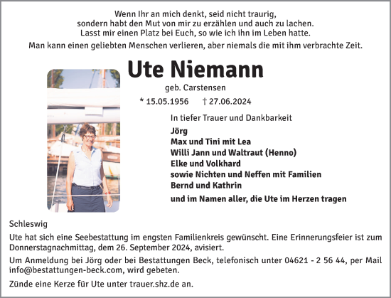 Traueranzeige von Ute Niemann von Schleswiger Nachrichten, Schlei-Bote