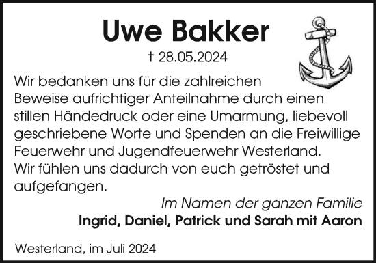 Traueranzeige von Uwe Bakker von Sylter Rundschau