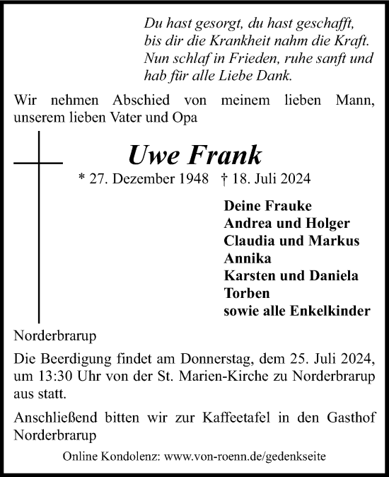Traueranzeige von Uwe Frank von Flensburger Tageblatt, Schleswiger Nachrichten, Schlei-Bote
