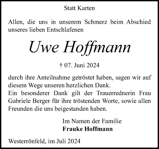Traueranzeige von Uwe Hoffmann von Schleswig-Holsteinische Landeszeitung