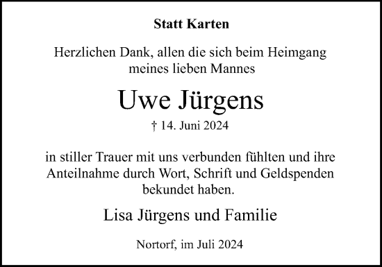 Traueranzeige von Uwe Jürgens von Norddeutsche Rundschau, Wilstersche Zeitung, Glückstädter Fortuna