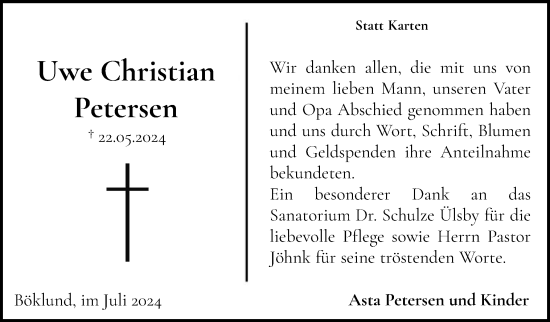 Traueranzeige von Uwe Christian Petersen von Schleswiger Nachrichten, Schlei-Bote