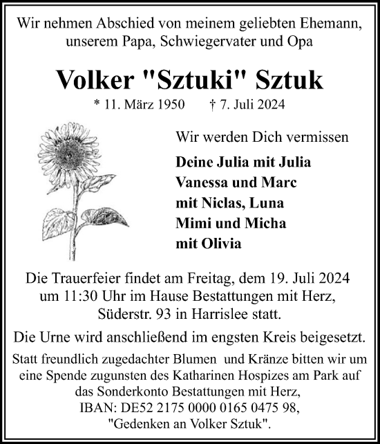 Traueranzeige von Volker Sztuk von Flensburger Tageblatt
