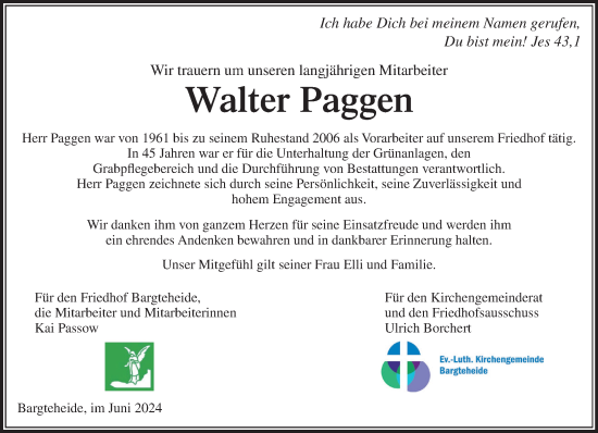 Traueranzeige von Walter Paggen von Stormaner Tageblatt