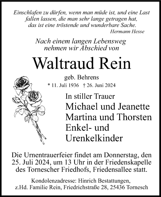 Traueranzeige von Waltraud Rein von Elmshorner Nachrichten, Barmstedter Zeitung