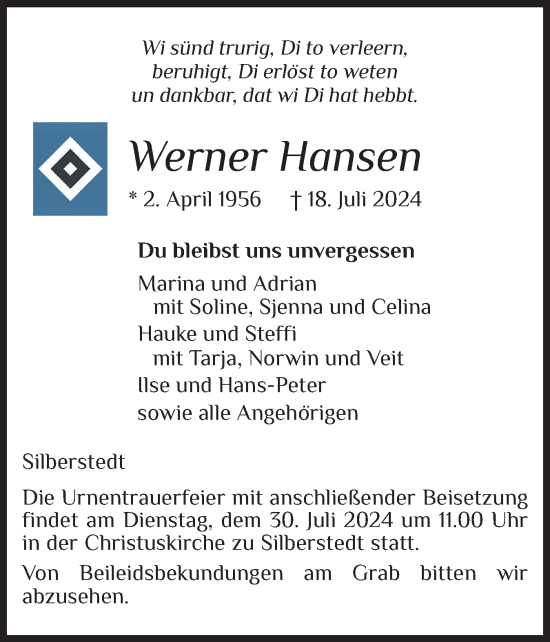 Traueranzeige von Werner Hansen von Schleswiger Nachrichten, Schlei-Bote
