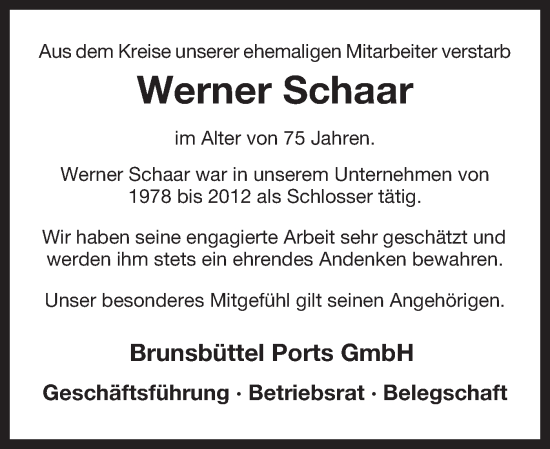 Traueranzeige von Werner Schaar von Norddeutsche Rundschau, Wilstersche Zeitung, Glückstädter Fortuna