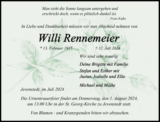 Traueranzeige von Willi Rennemeier von Schleswig-Holsteinische Landeszeitung