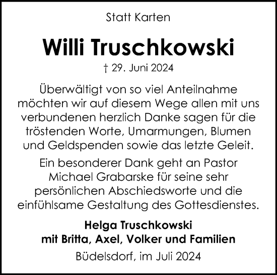 Traueranzeige von Willi Truschkowski von Schleswig-Holsteinische Landeszeitung