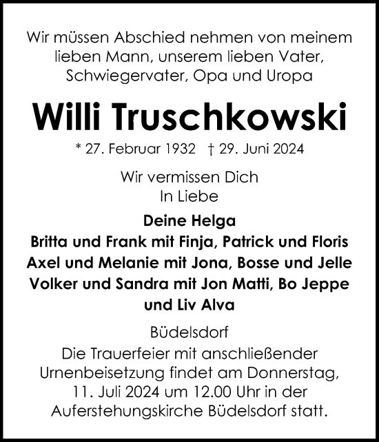 Traueranzeige von Willi Truschkowski von Schleswig-Holsteinische Landeszeitung