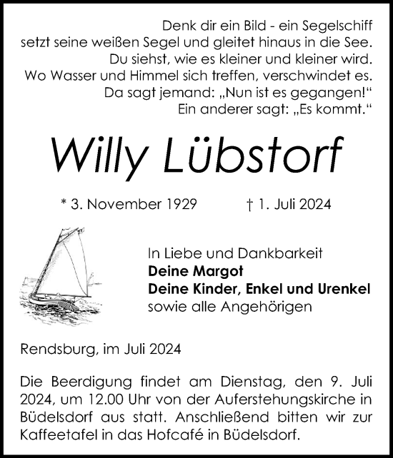 Traueranzeige von Willy Lübstorf von Schleswig-Holsteinische Landeszeitung