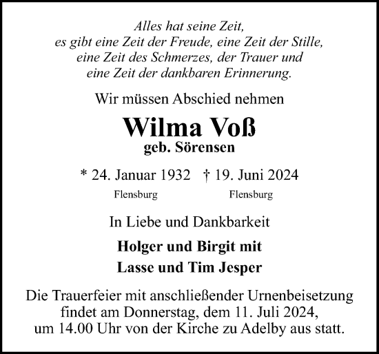 Traueranzeige von Wilma Voß von Flensburger Tageblatt