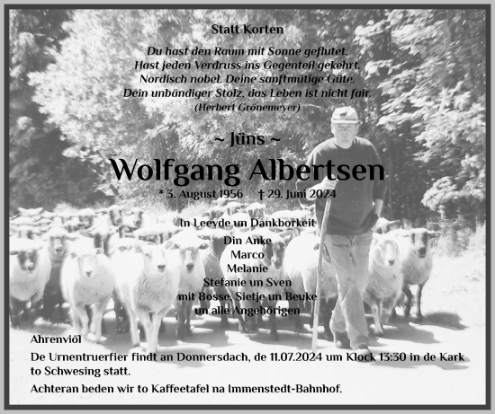 Traueranzeige von Wolfgang Albertsen von Region Flensburg