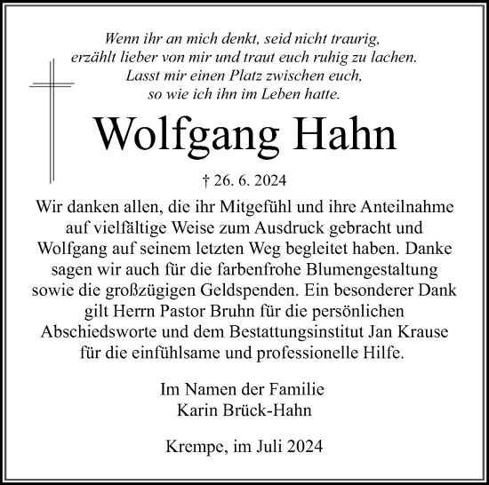 Traueranzeige von Wolfgang Hahn von Norddeutsche Rundschau, Wilstersche Zeitung, Glückstädter Fortuna