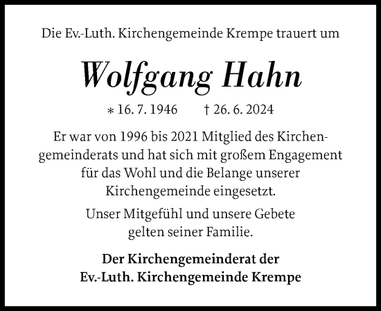 Traueranzeige von Wolfgang Hahn von Norddeutsche Rundschau, Wilstersche Zeitung, Glückstädter Fortuna