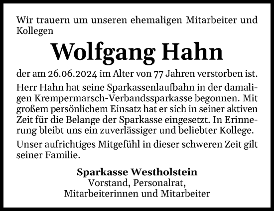 Traueranzeige von Wolfgang Hahn von Norddeutsche Rundschau, Wilstersche Zeitung, Glückstädter Fortuna