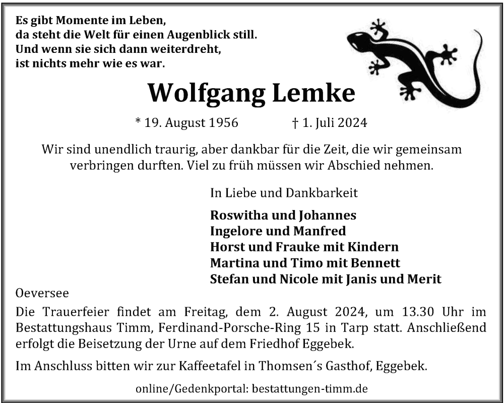  Traueranzeige für Wolfgang Lemke vom 26.07.2024 aus Flensburger Tageblatt