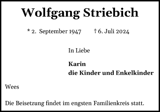 Traueranzeige von Wolfgang Striebich von Flensburger Tageblatt