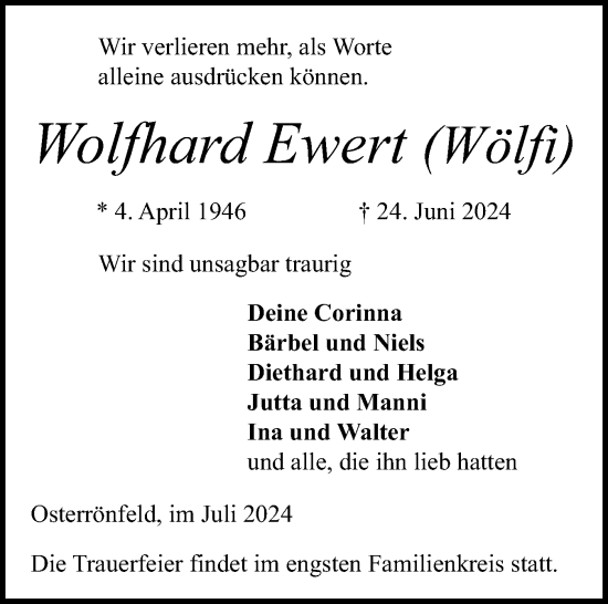 Traueranzeige von Wolfhard Ewert von Schleswig-Holsteinische Landeszeitung