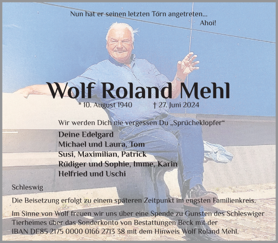 Traueranzeige von Wolf Roland Mehl von Schleswiger Nachrichten, Schlei-Bote