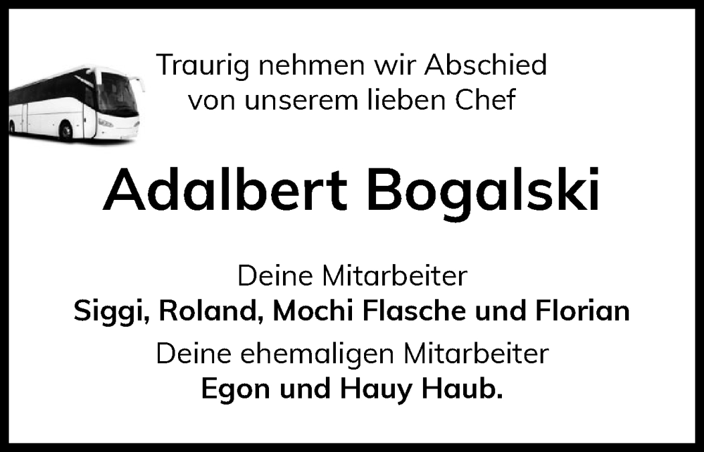  Traueranzeige für Adalbert Bogalski vom 31.08.2024 aus Schleswig-Holsteinische Landeszeitung