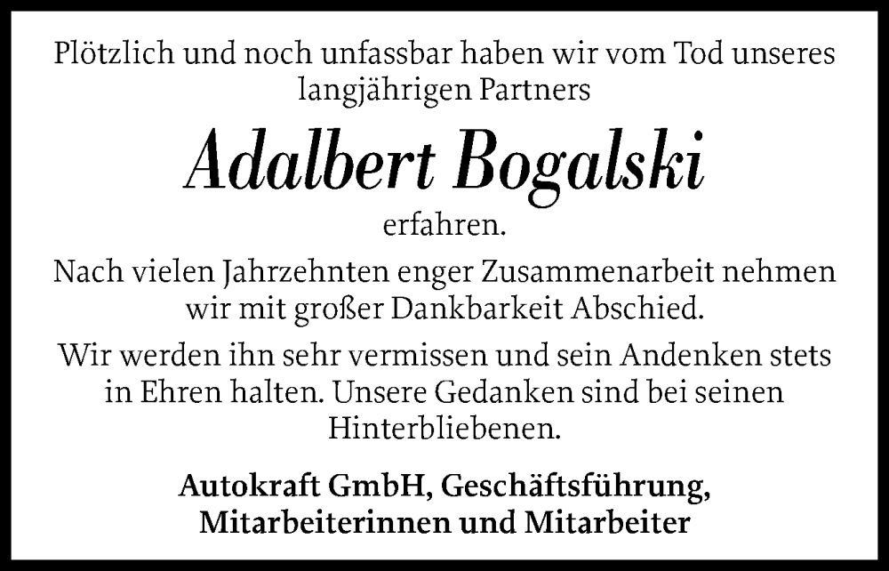  Traueranzeige für Adalbert Bogalski vom 31.08.2024 aus Schleswig-Holsteinische Landeszeitung