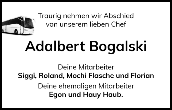 Traueranzeige von Adalbert Bogalski von Schleswig-Holsteinische Landeszeitung